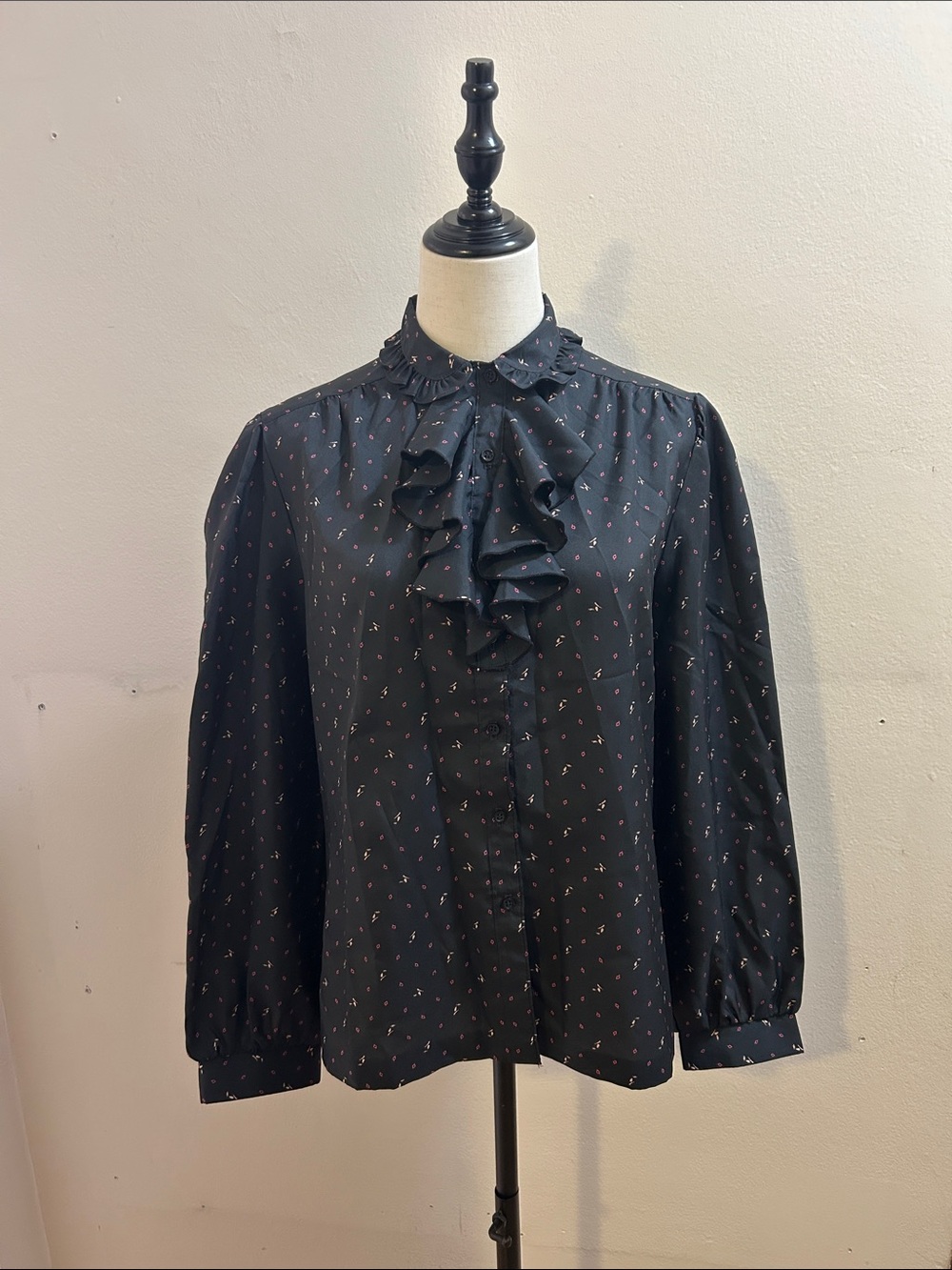 Black Ruffle-Neck Long Sleeve Blouse with Pink Print*